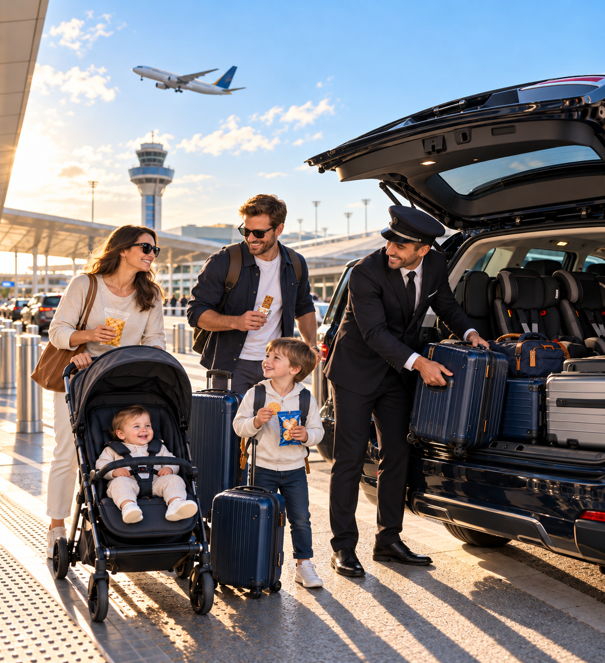 Happy family with children and stroller while a professional driver assists with airport transfer luggage
